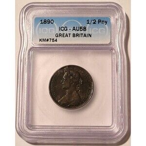 Great Britain Victoria 1890 1/2 Penny AU58 ICG